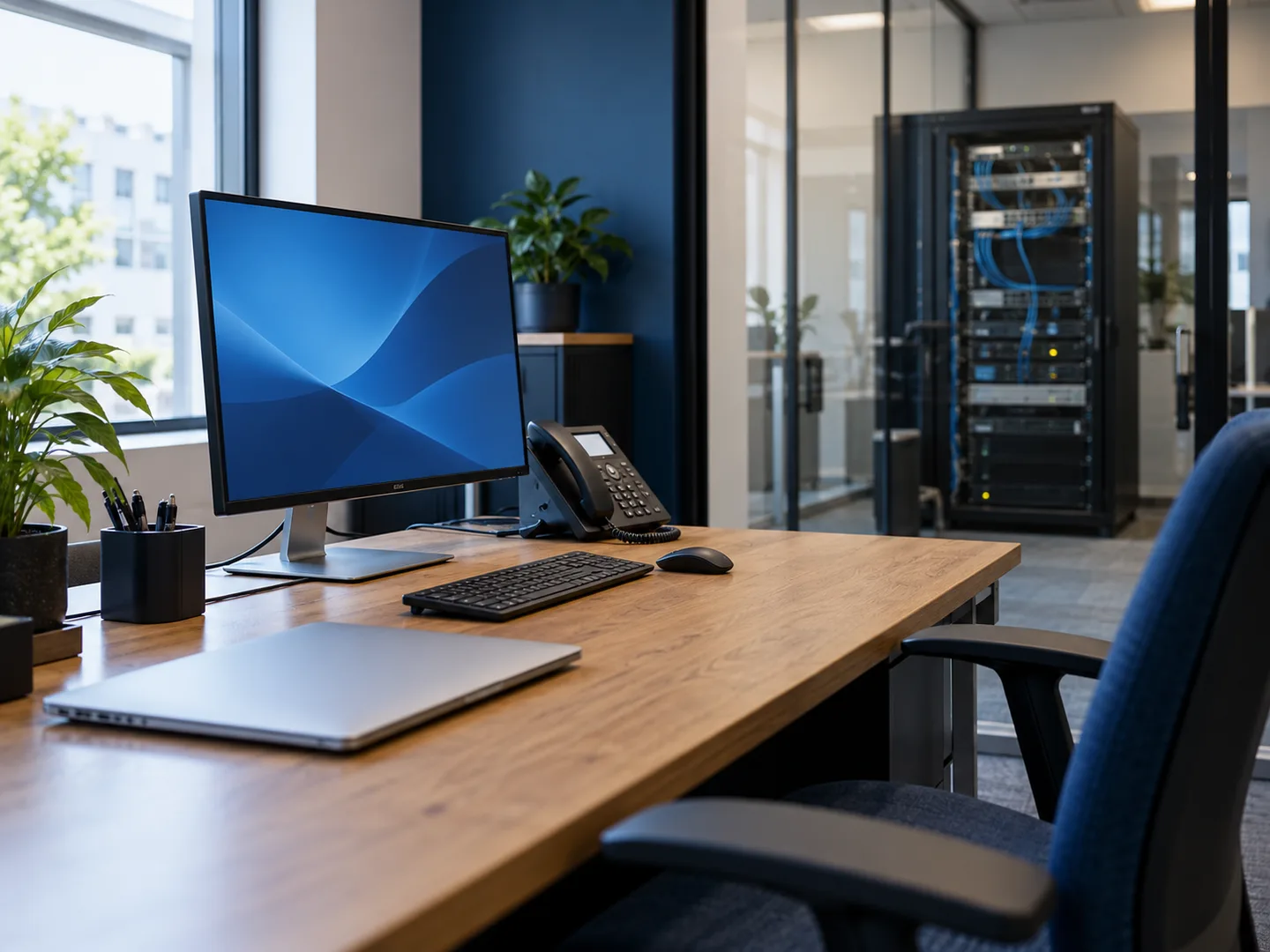 Zakelijke werkplek met computer, IP-telefoon en serverkast achter een glazen wand
