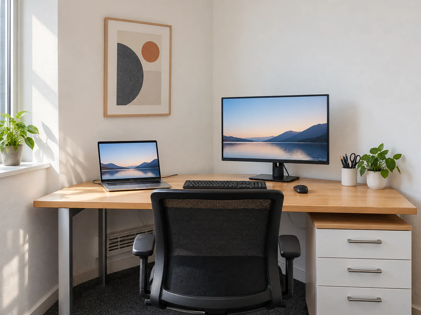 Kleine kantoorwerkplek met laptop, monitor en bureaustoel