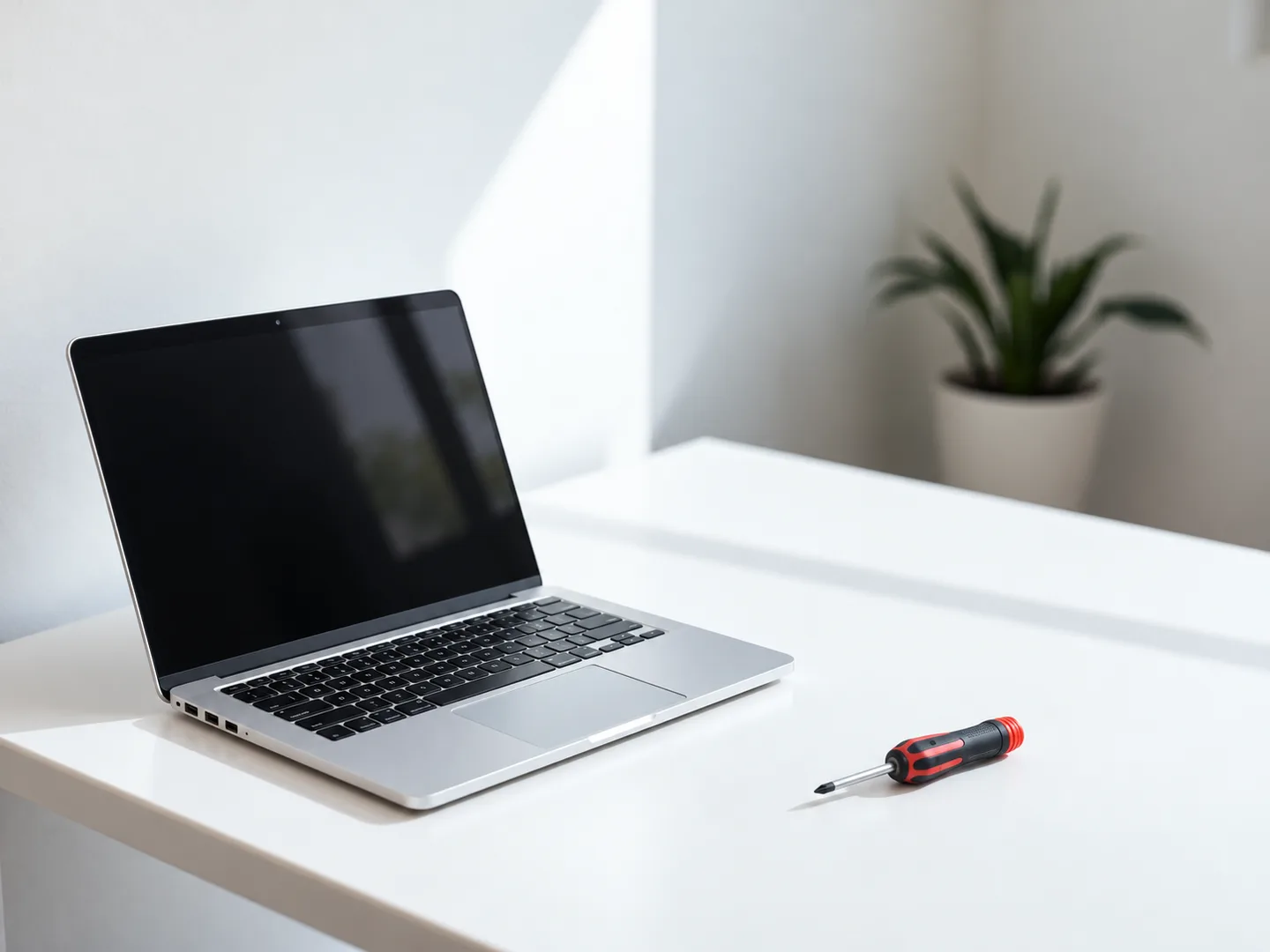 Zilveren laptop en schroevendraaier op een opgeruimd wit bureau