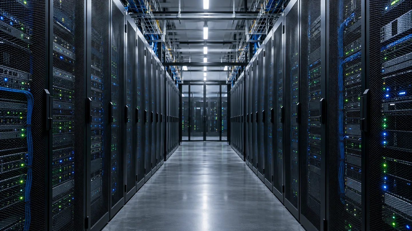 Gang tussen serverkasten in een modern datacenter